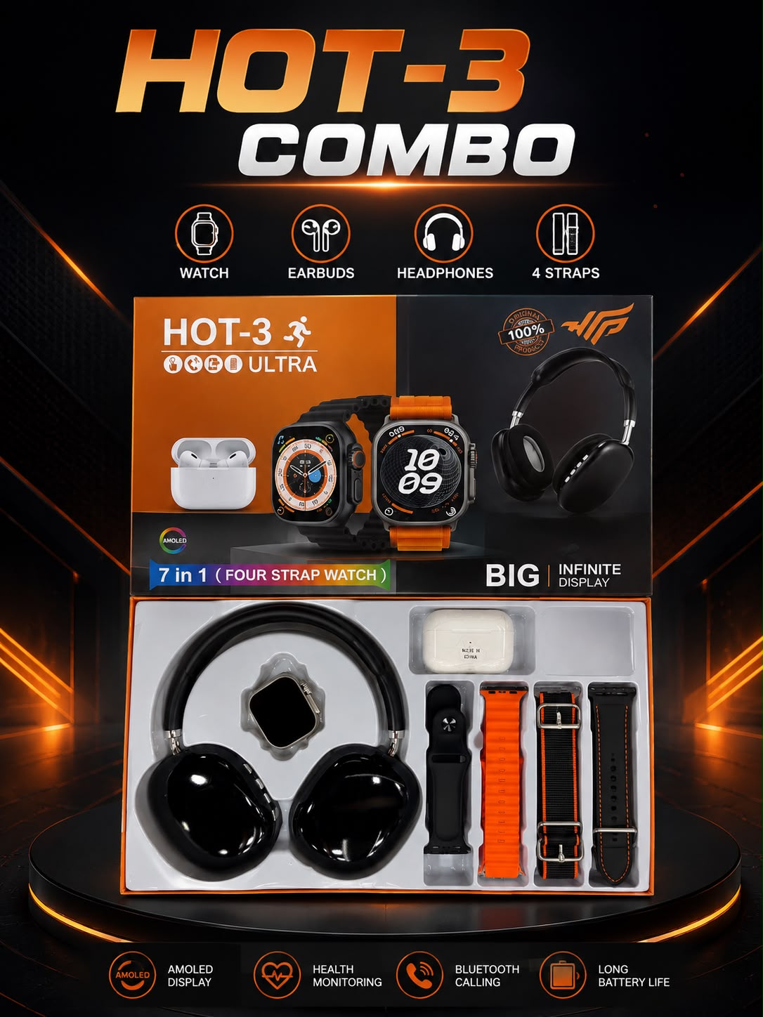 7-in-1 Smart Watch Combo with TWS, Bluetooth Headphones & 4 Straps