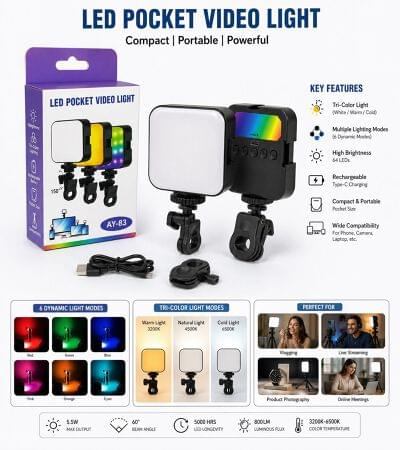 Portable RGB LED Video Light & Universal Camera Clip