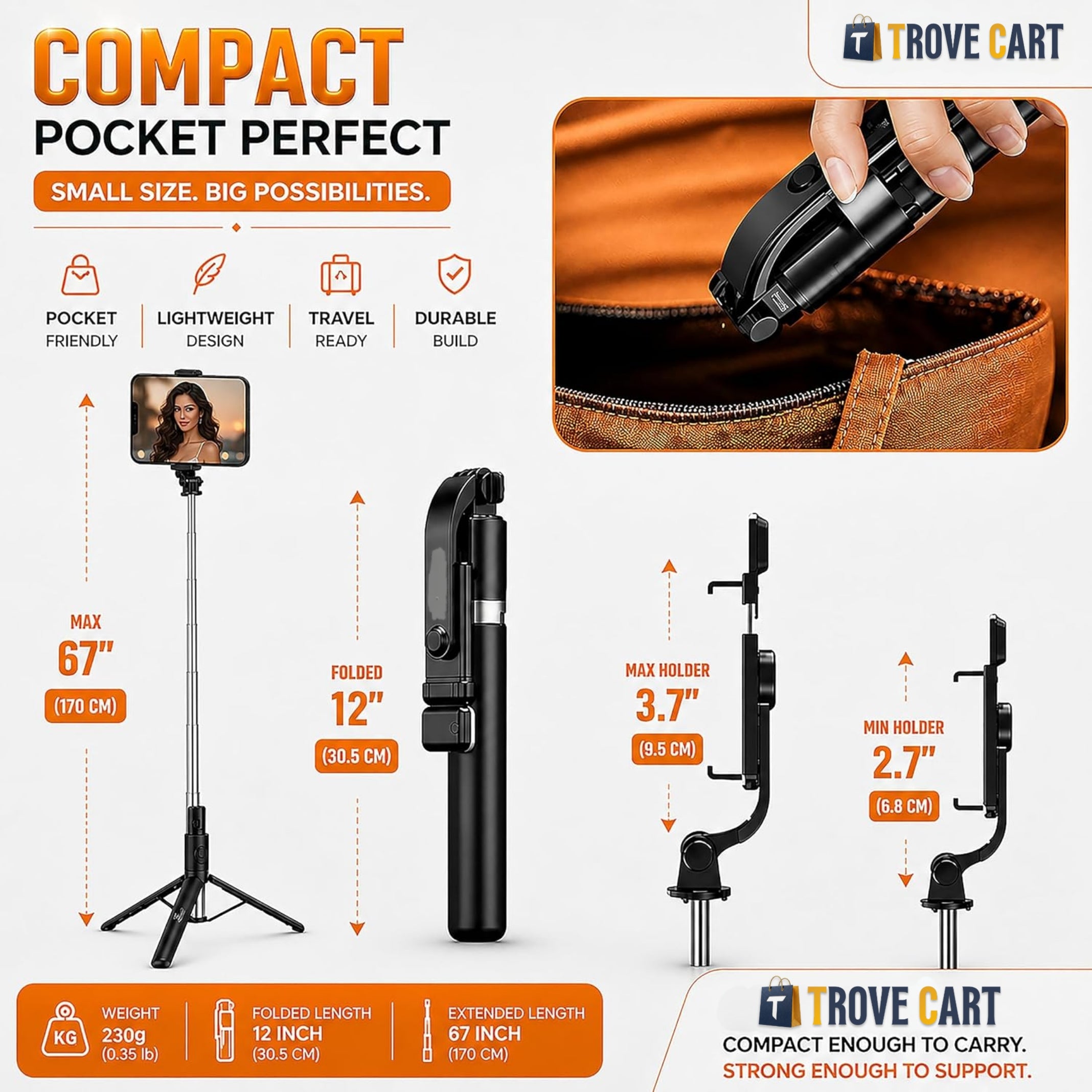 3-in-1 Bluetooth Selfie Stick & Tripod with LED Light 67 inch /170CM