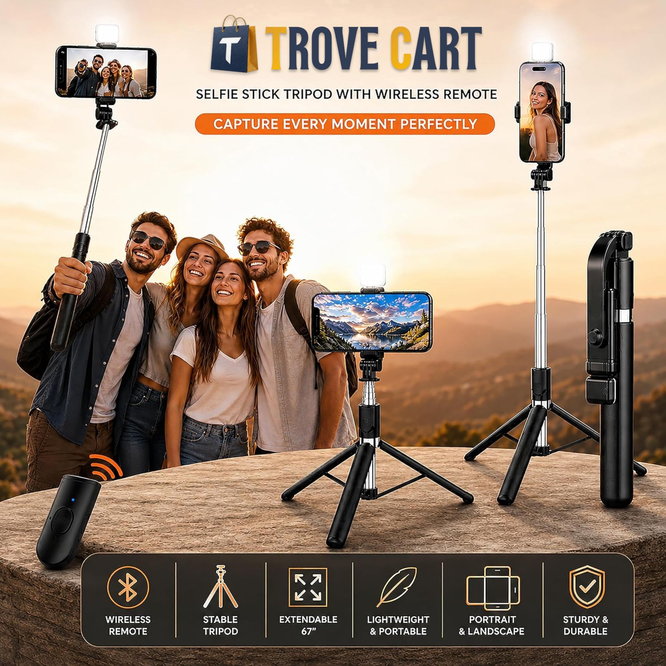 3-in-1 Bluetooth Selfie Stick & Tripod with LED Light 67 inch /170CM