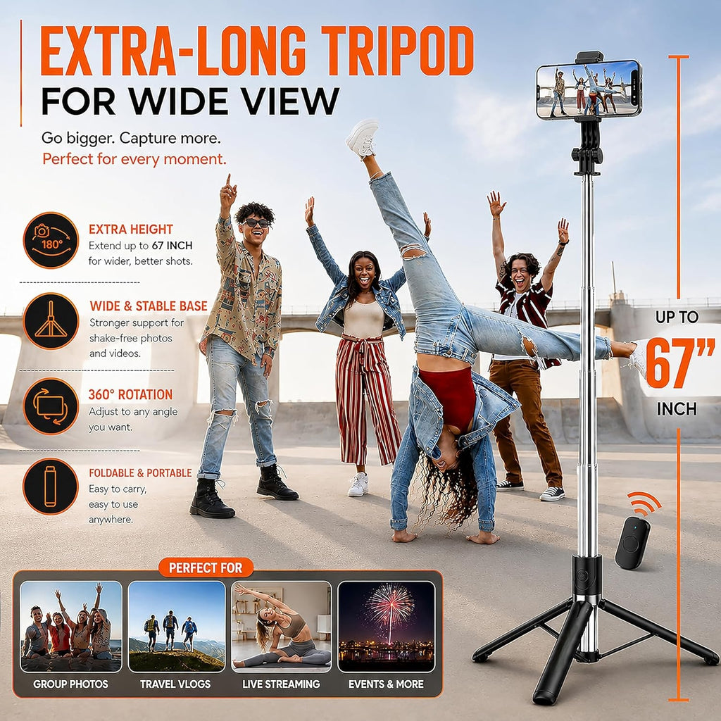 3-in-1 Bluetooth Selfie Stick & Tripod with LED Light 67 inch /170CM