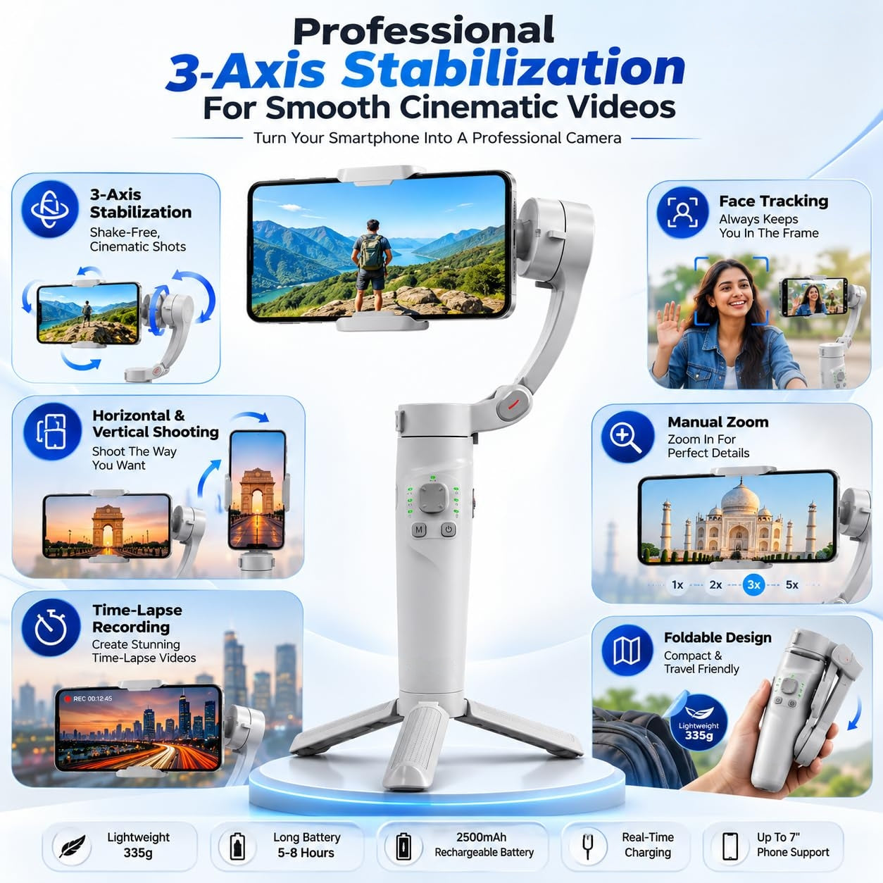 A promotional infographic for a white 3-axis gimbal stabilizer, featuring the product in the center on a circular platform with multiple feature callouts and icons around it, including 3-axis stabilization, face tracking, manual zoom, time-lapse recording, lightweight design, and foldable design.