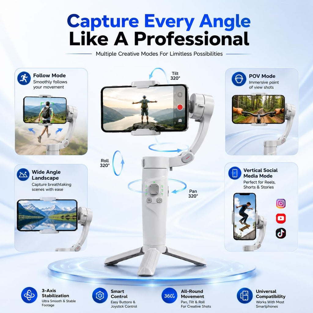 M1 3-Axis Gimbal Stabilizer for Mobile with Built-in Extension Rod & Tripod