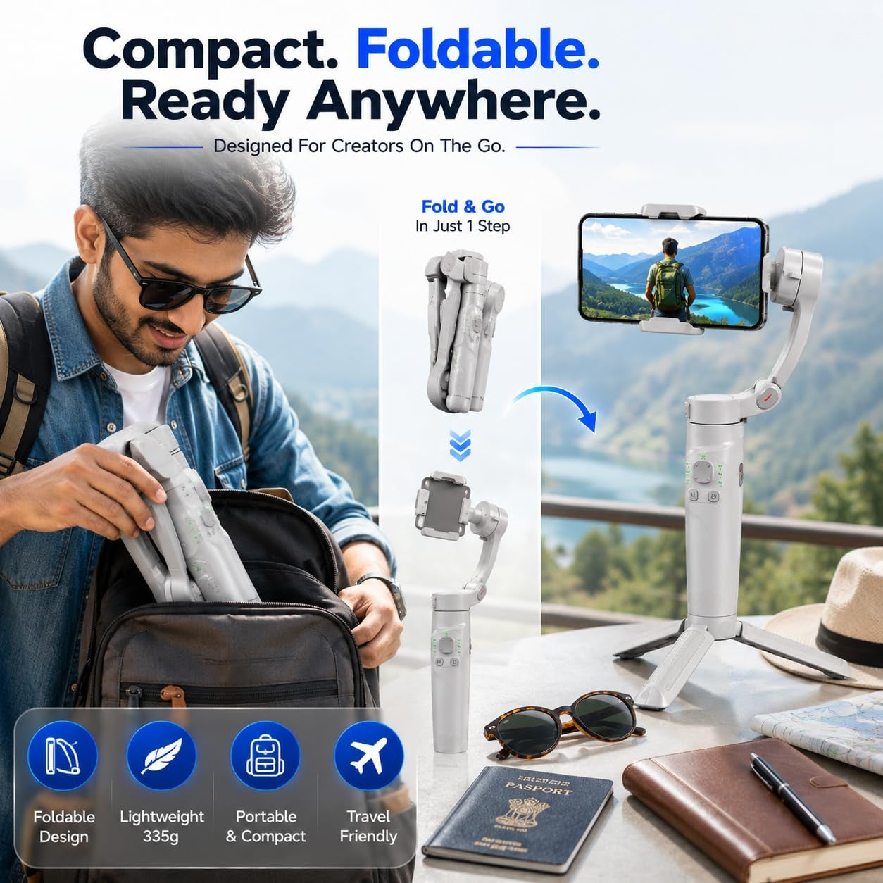 M1 3-Axis Gimbal Stabilizer for Mobile with Built-in Extension Rod & Tripod