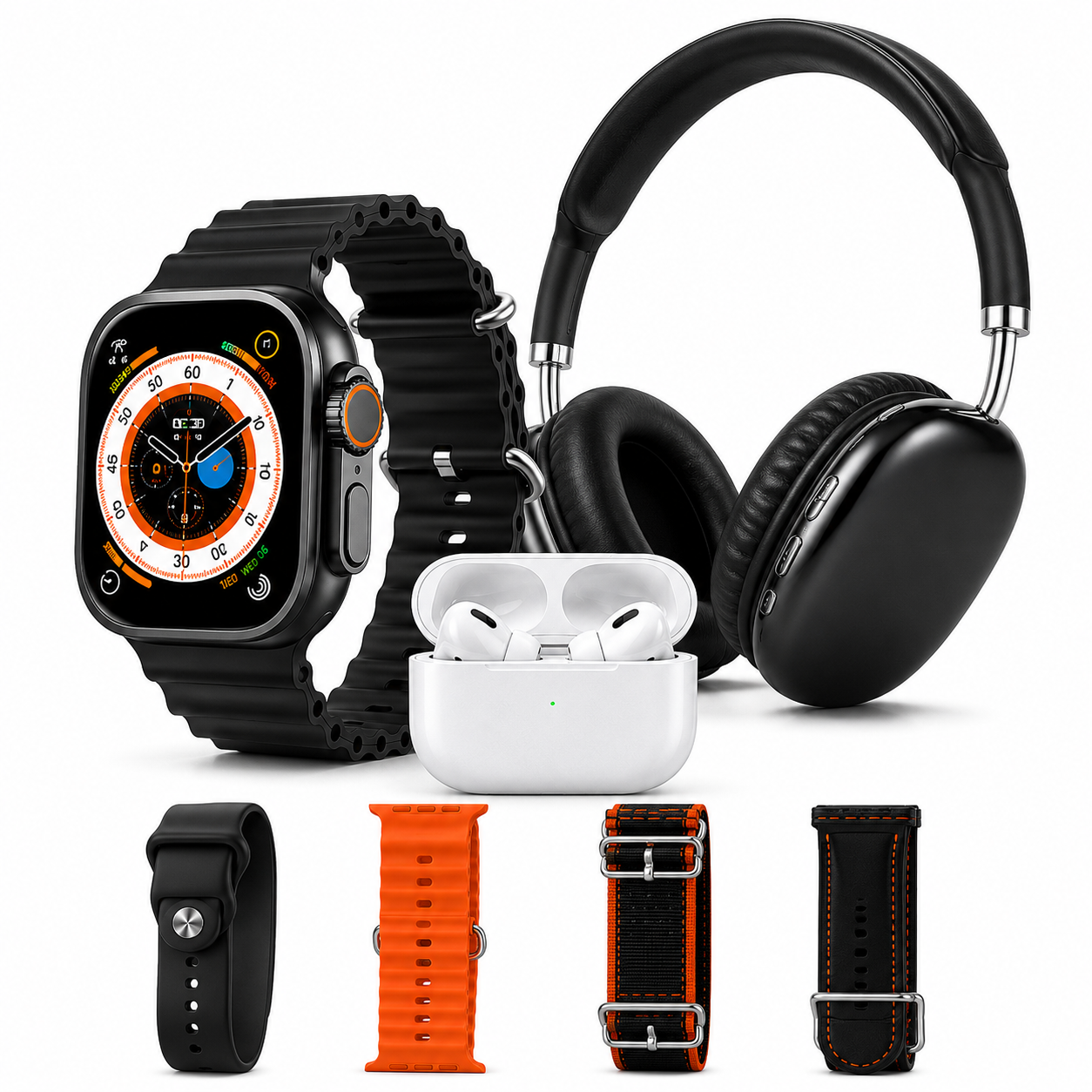 7-in-1 Smart Watch Combo with TWS, Bluetooth Headphones & 4 Straps