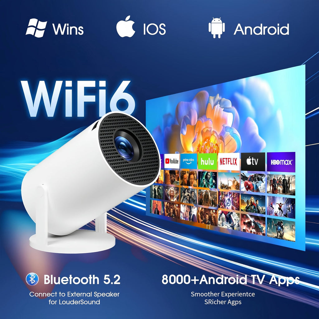 Smart 180° Mini Projector – 4K Supported, Android 11, WiFi 6, Bluetooth