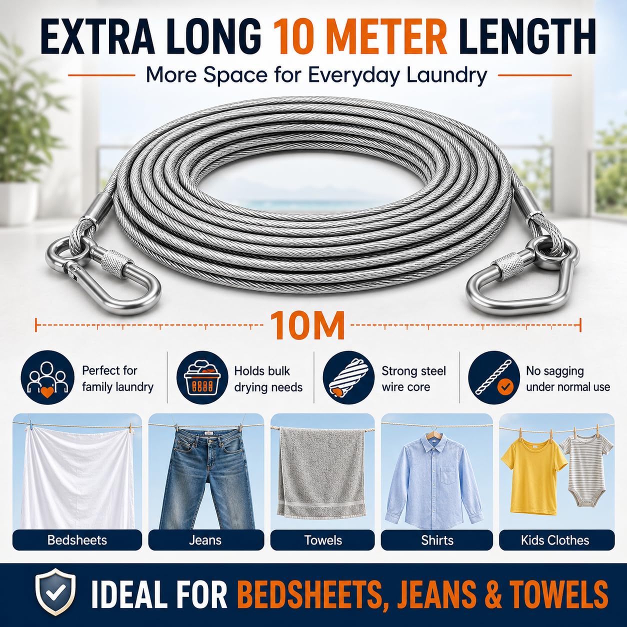 10 Metre Heavy-Duty Stainless Steel Clothesline Rope Multipurpose