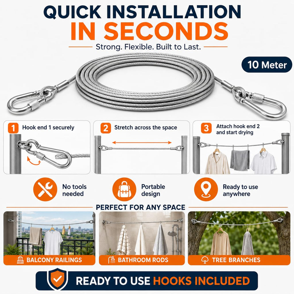 10 Metre Heavy-Duty Stainless Steel Clothesline Rope Multipurpose