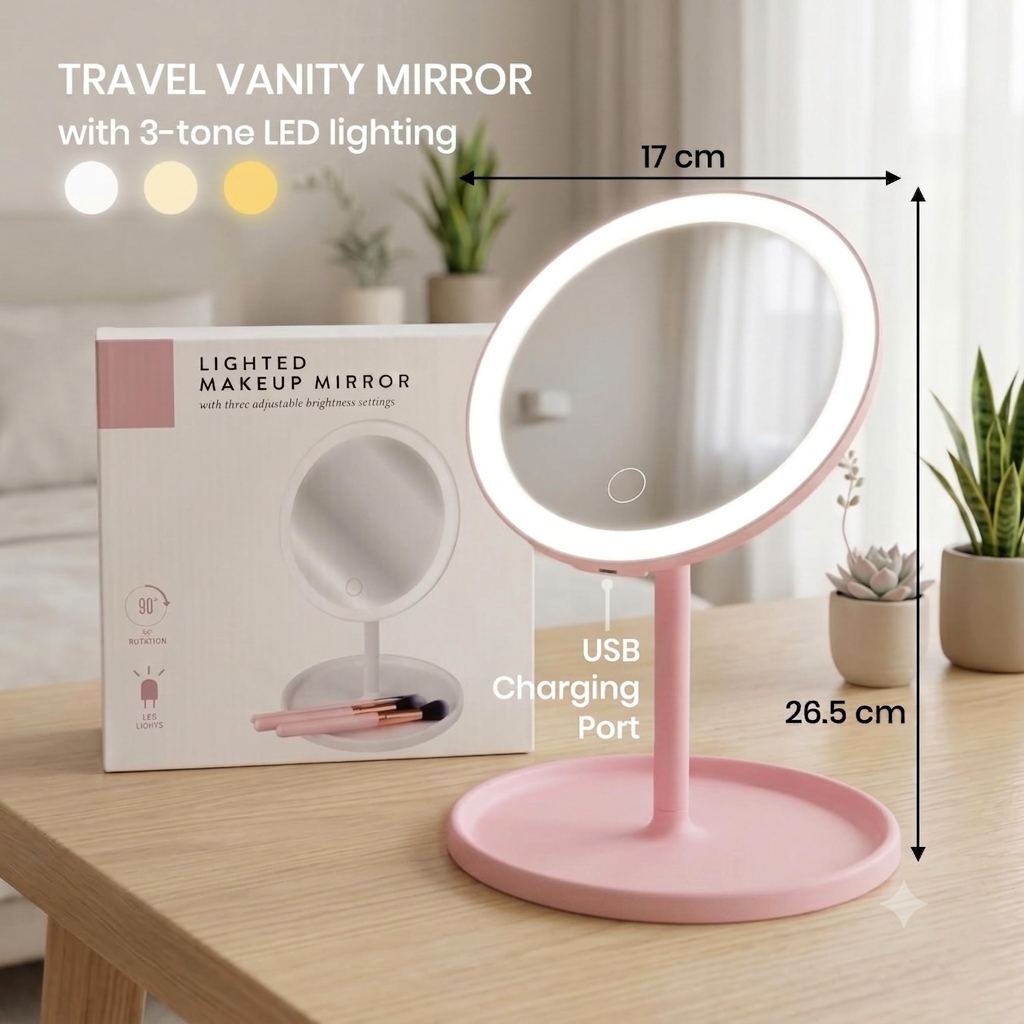 Round Tabletop Vanity Mirror With Customizable 3-Color Led Lighting