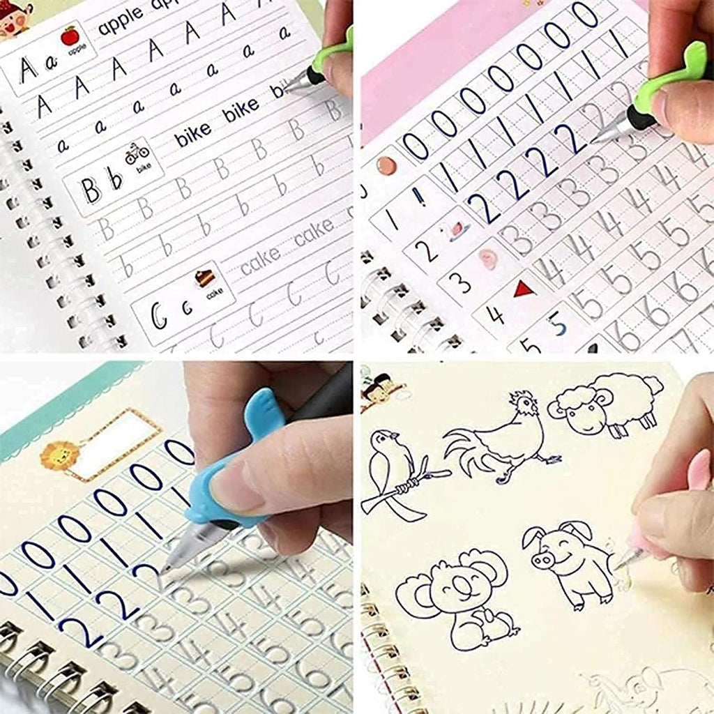 Sank Magic Practice Copybook (4 BOOK + 10 REFILL+ 1 Pen +1 Grip) Reusable