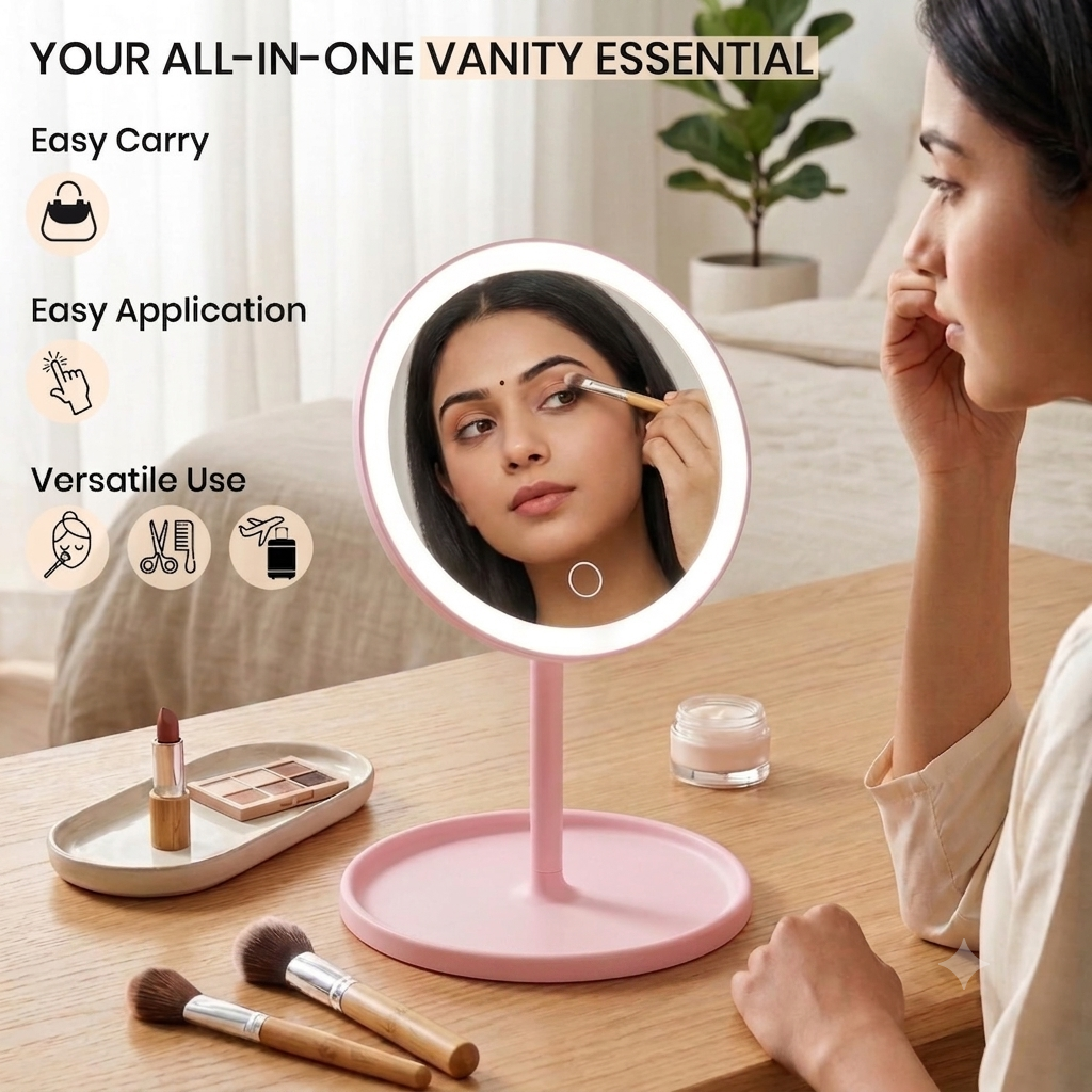 Round Tabletop Vanity Mirror With Customizable 3-Color Led Lighting