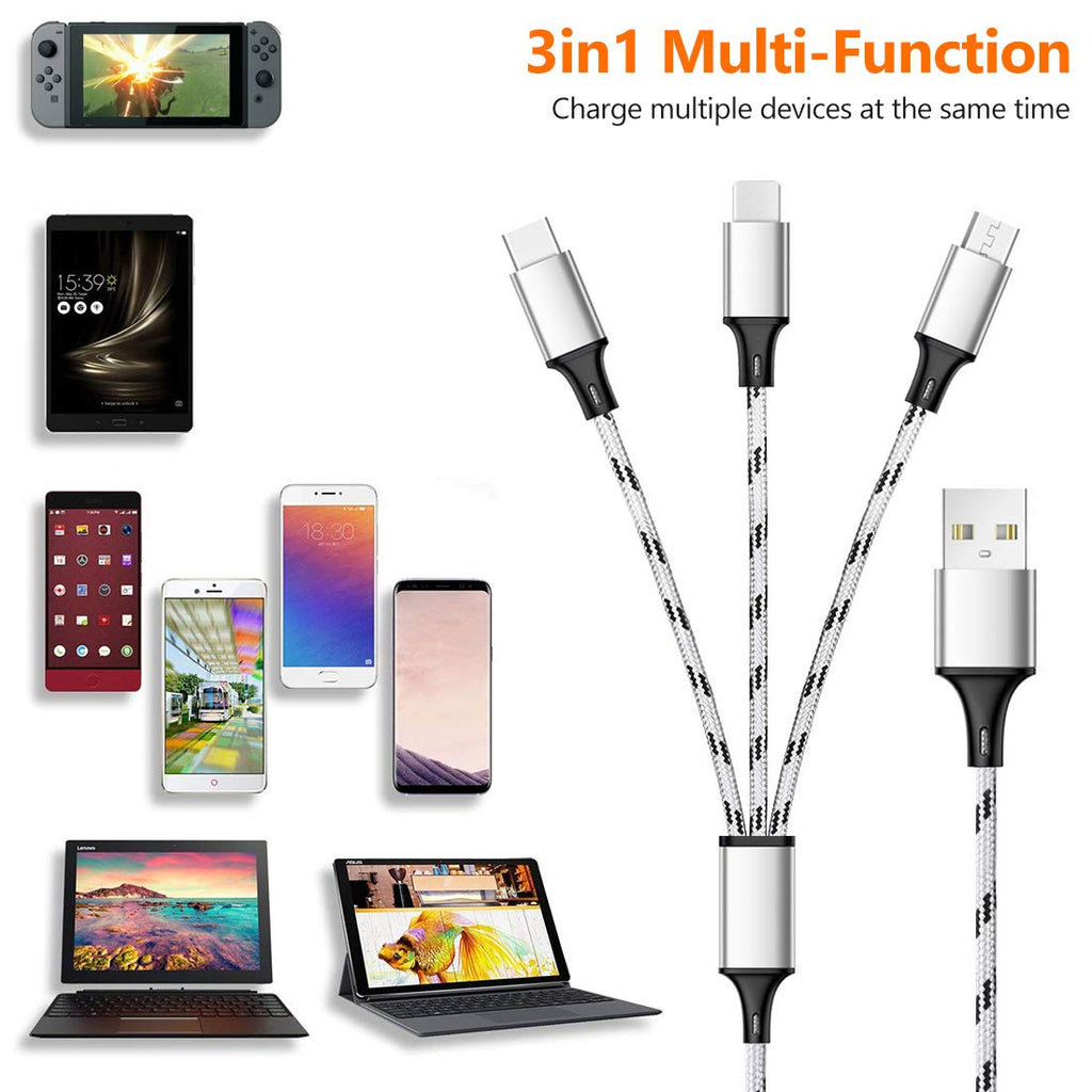 3 in 1 Fast-Charging Braided Cloth Cable – Lightning, Type-C & Micro-USB)