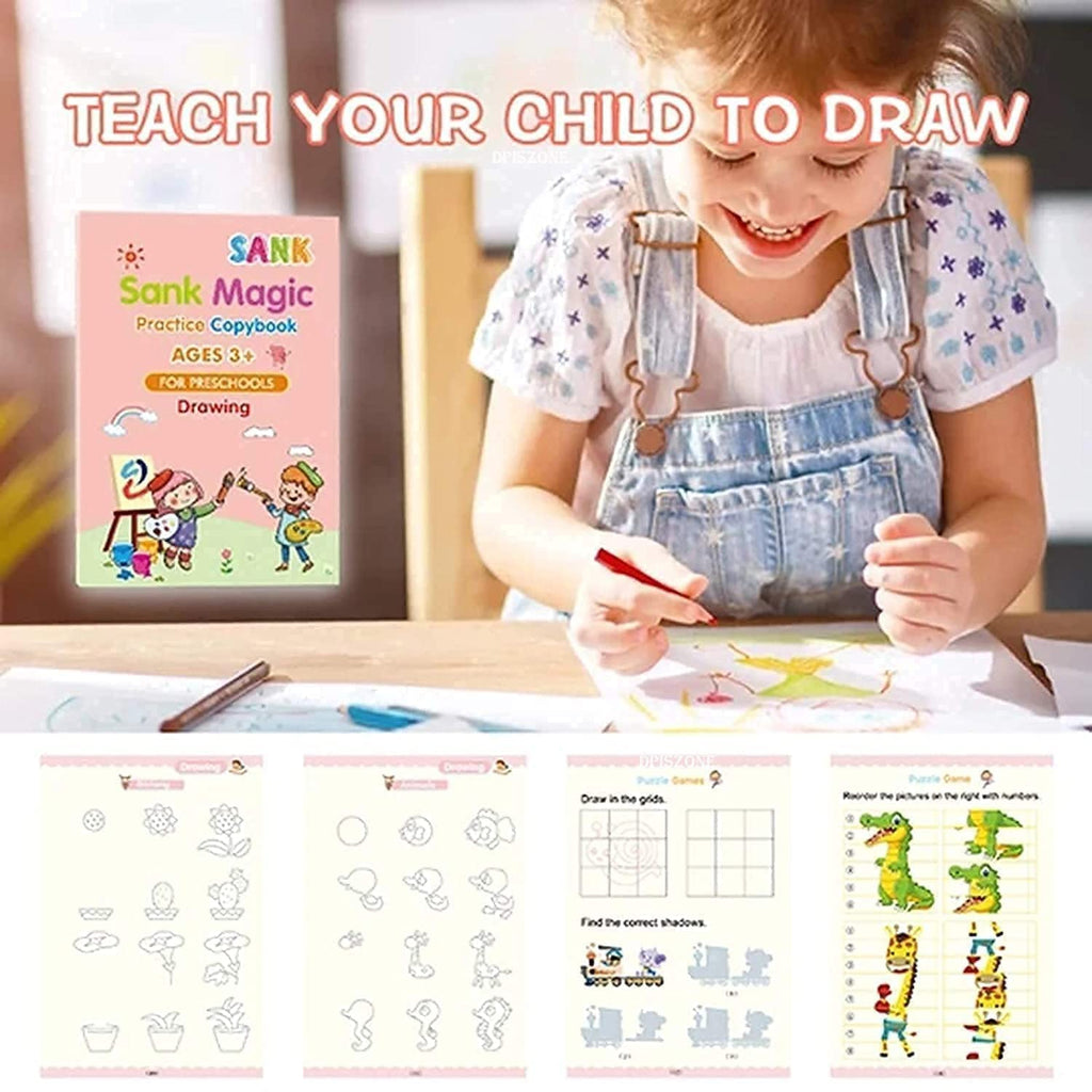 Sank Magic Practice Copybook (4 BOOK + 10 REFILL+ 1 Pen +1 Grip) Reusable