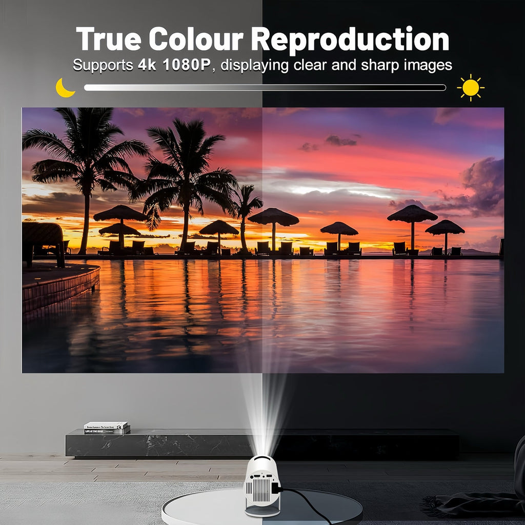 Smart 180° Mini Projector – 4K Supported, Android 11, WiFi 6, Bluetooth
