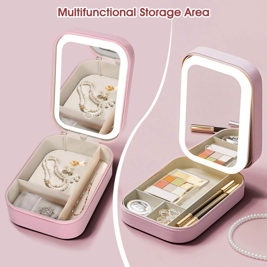 Portable Travel Makeup & Jewelry Organizer with Smart LED Mirror