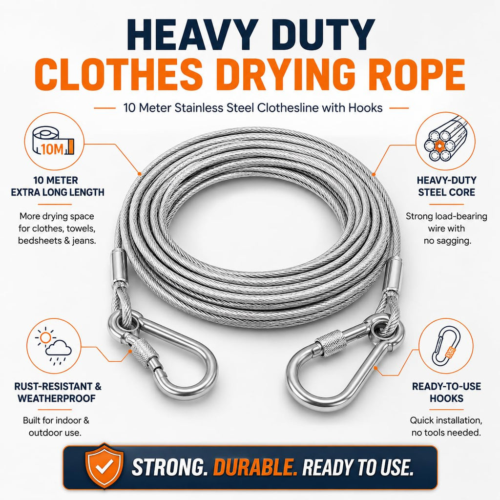 10 Metre Heavy-Duty Stainless Steel Clothesline Rope Multipurpose