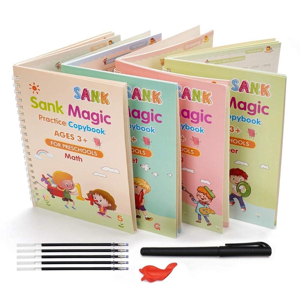 Sank Magic Practice Copybook (4 BOOK + 10 REFILL+ 1 Pen +1 Grip) Reusable