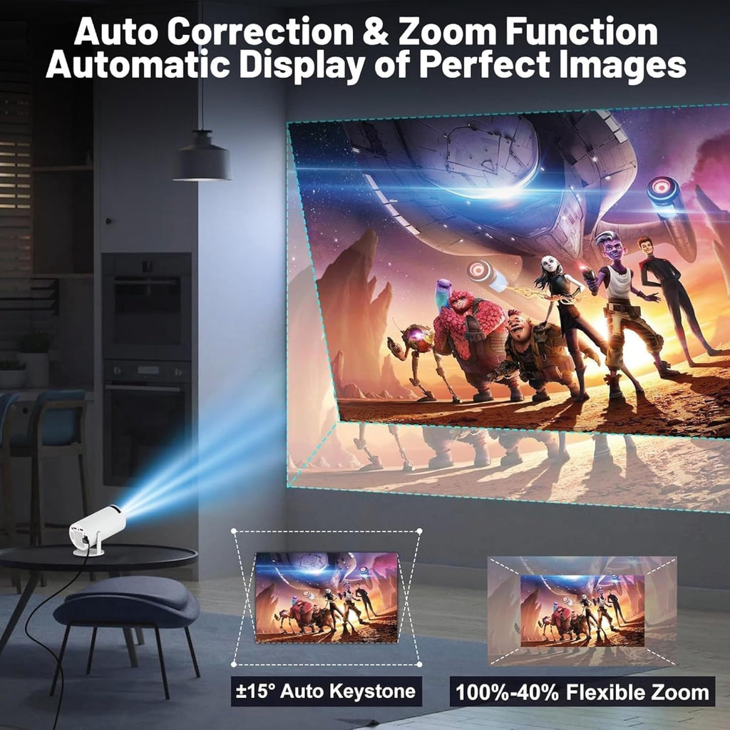 Smart 180° Mini Projector – 4K Supported, Android 11, WiFi 6, Bluetooth