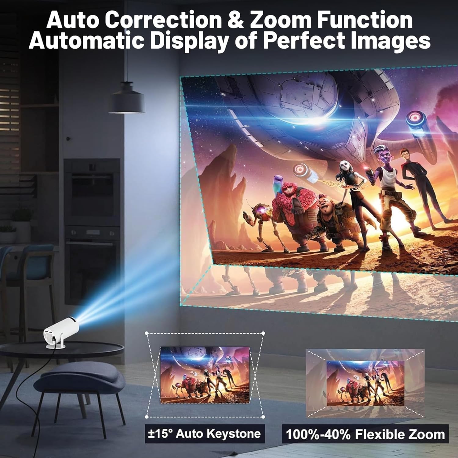 Smart 180° Mini Projector – 4K Supported, Android 11, WiFi 6, Bluetooth
