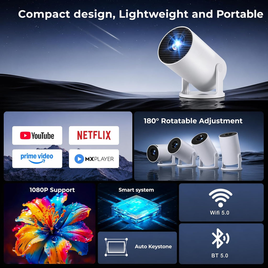 Smart 180° Mini Projector – 4K Supported, Android 11, WiFi 6, Bluetooth