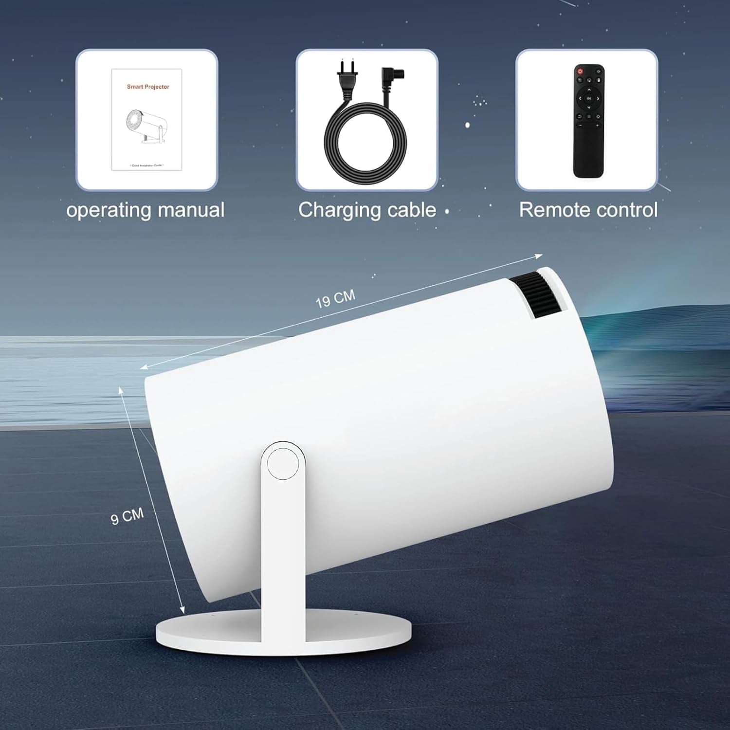Smart 180° Mini Projector – 4K Supported, Android 11, WiFi 6, Bluetooth