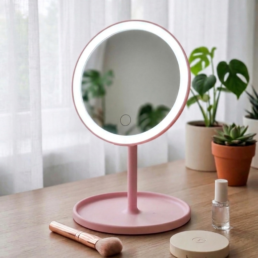 Round Tabletop Vanity Mirror With Customizable 3-Color Led Lighting