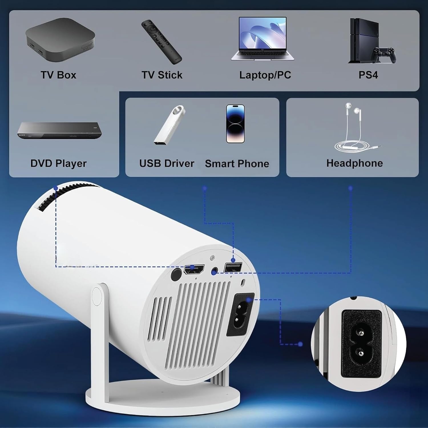 Smart 180° Mini Projector – 4K Supported, Android 11, WiFi 6, Bluetooth