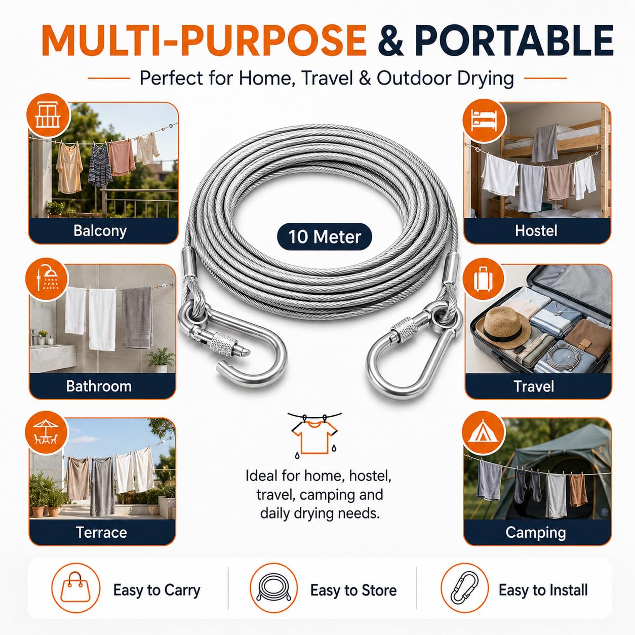 10 Metre Heavy-Duty Stainless Steel Clothesline Rope Multipurpose