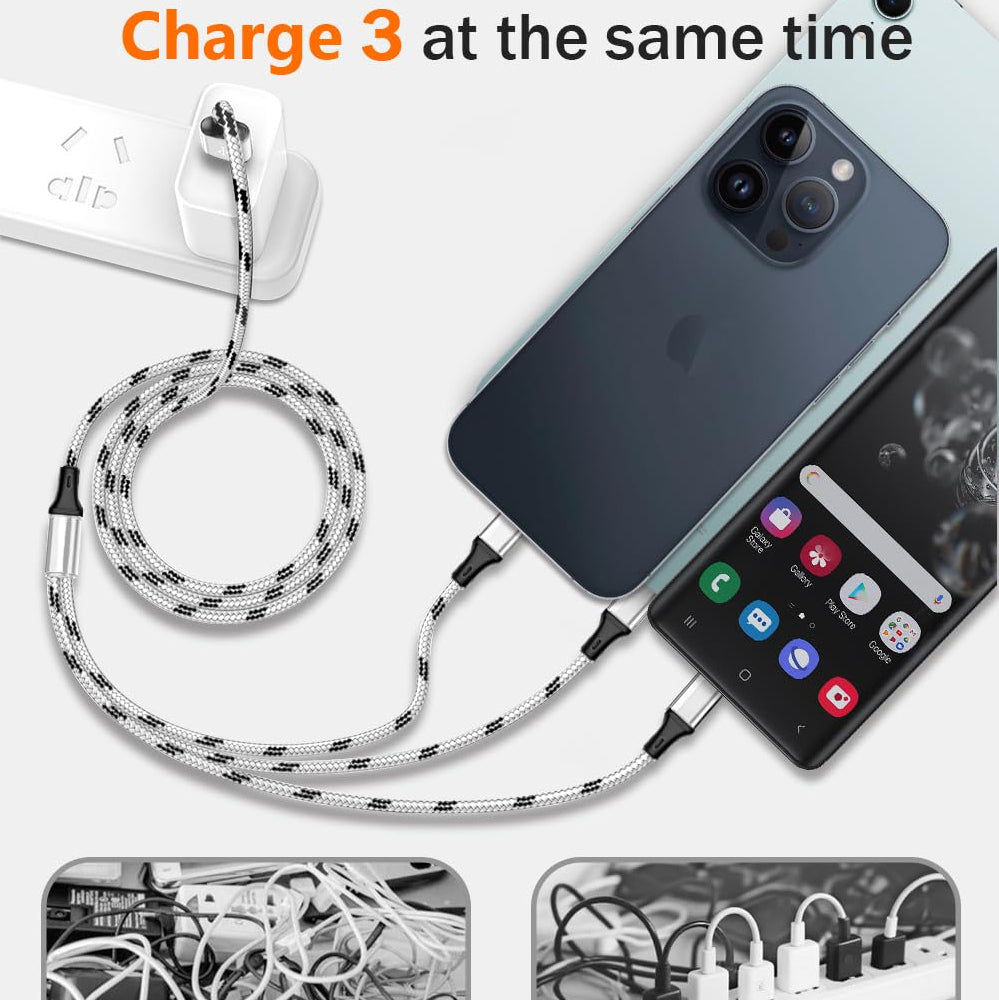 3 in 1 Fast-Charging Braided Cloth Cable – Lightning, Type-C & Micro-USB)